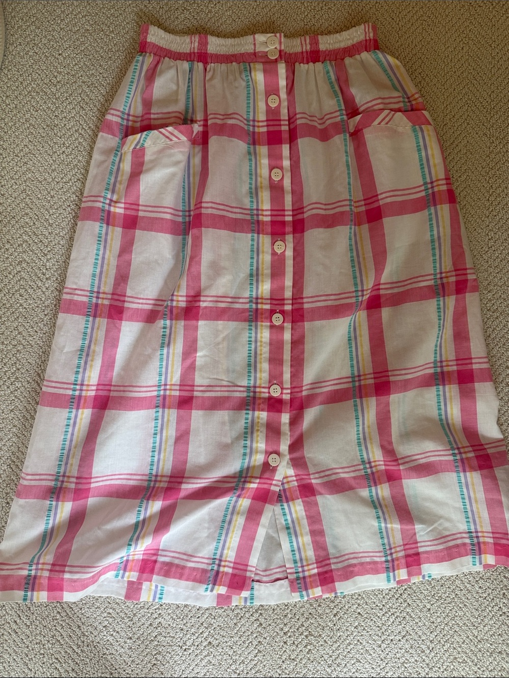 Vintage Button Down Pink Plaid Midi Skirt